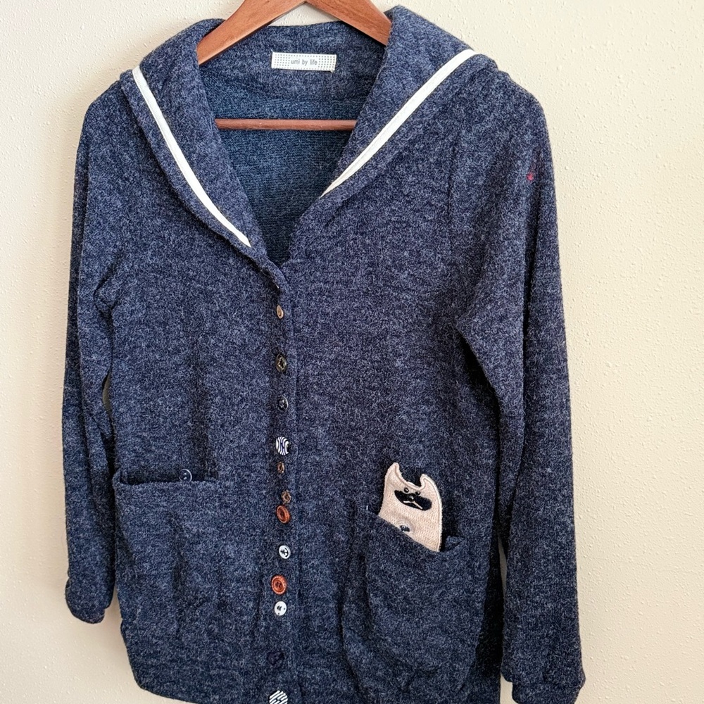 Umi by Life Japanese Wool Sailor Cardigan Navy Novelty Button Sweater